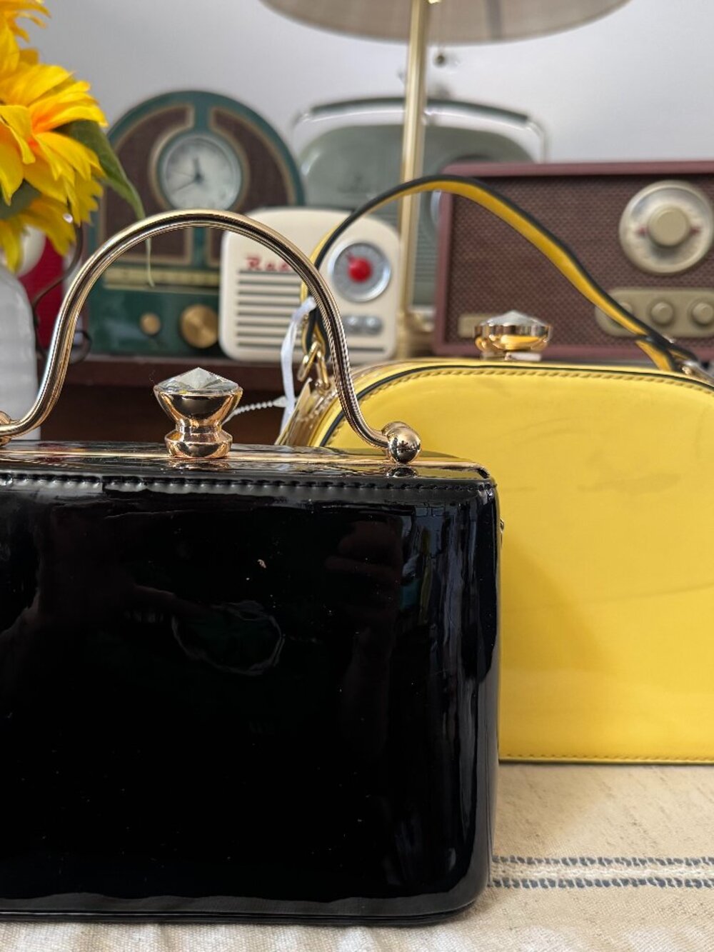 Bundle of 2 Vintage Style Box Clutch Purses | Black Patent & Yellow Top Handle